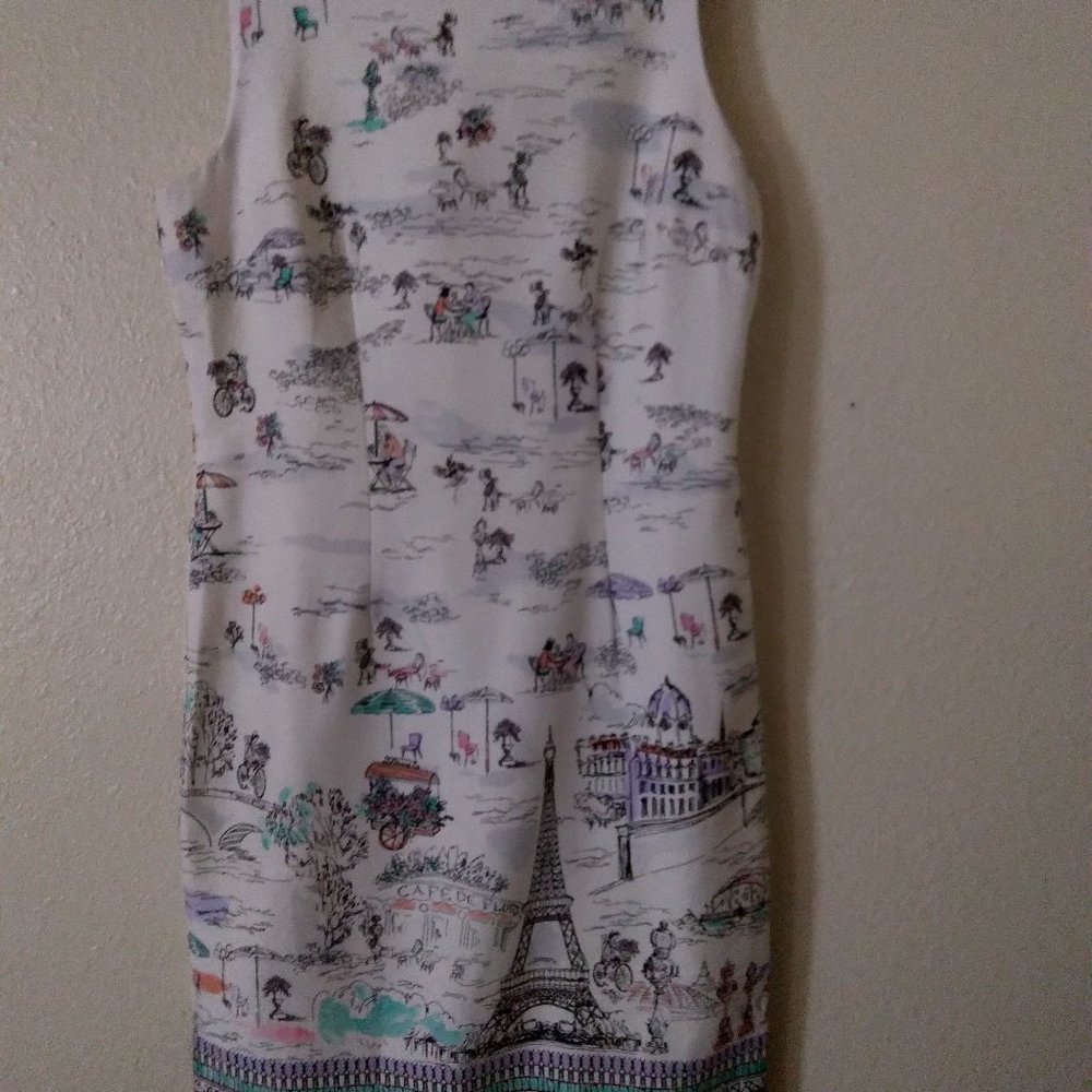 Size 10-Cafe De Flore-Eiffel Tower White & Multicolor Pattern Shift Dress